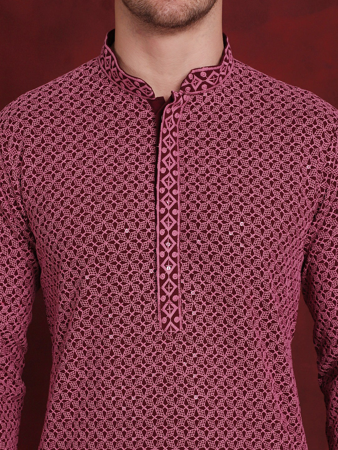 Jompers Men's Sequin Embroidered Pure Cotton Kurta with Pyjamas - Magenta | Grocsy