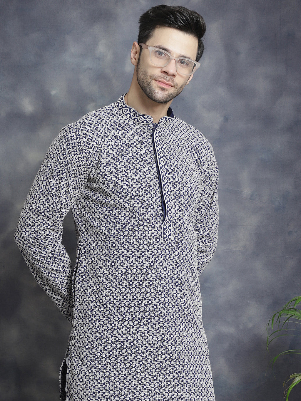 Jompers Men's Sequin Embroidered Pure Cotton Kurta with Pyjamas - Navy Blue | Grocsy