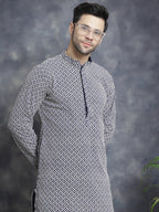 Jompers Men's Sequin Embroidered Pure Cotton Kurta with Pyjamas - Navy Blue | Grocsy