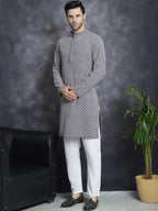 Jompers Men's Sequin Embroidered Pure Cotton Kurta with Pyjamas - Navy Blue | Grocsy