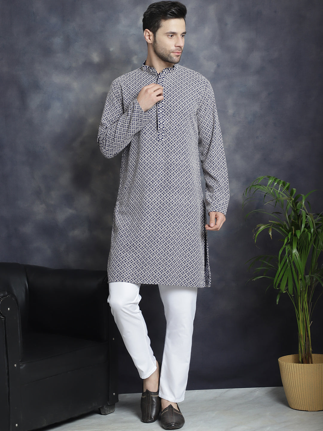 Jompers Men's Sequin Embroidered Pure Cotton Kurta with Pyjamas - Navy Blue | Grocsy