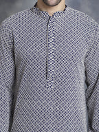 Jompers Men's Sequin Embroidered Pure Cotton Kurta with Pyjamas - Navy Blue | Grocsy