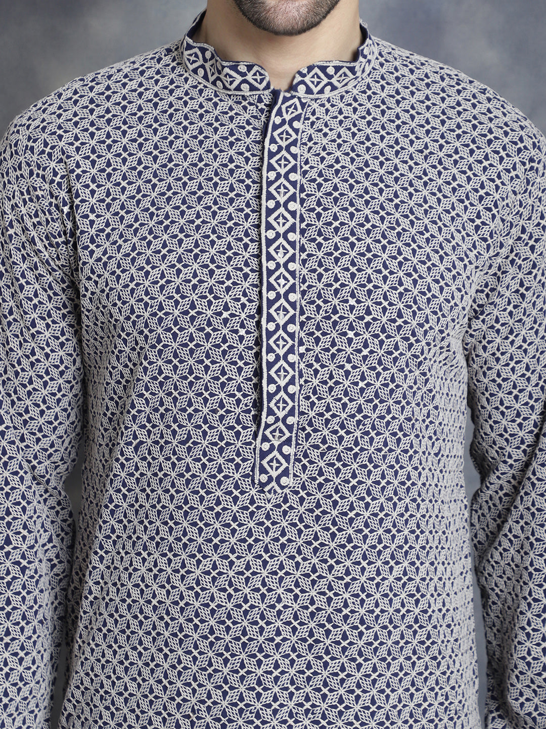 Jompers Men's Sequin Embroidered Pure Cotton Kurta with Pyjamas - Navy Blue | Grocsy