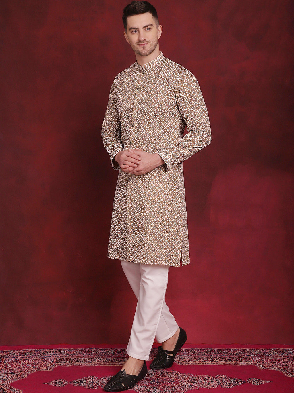 Jompers Men's Sequin Chikankari Front Open Kurta With Pyjamas - Beige | Grocsy