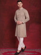 Jompers Men's Sequin Chikankari Front Open Kurta With Pyjamas - Beige | Grocsy