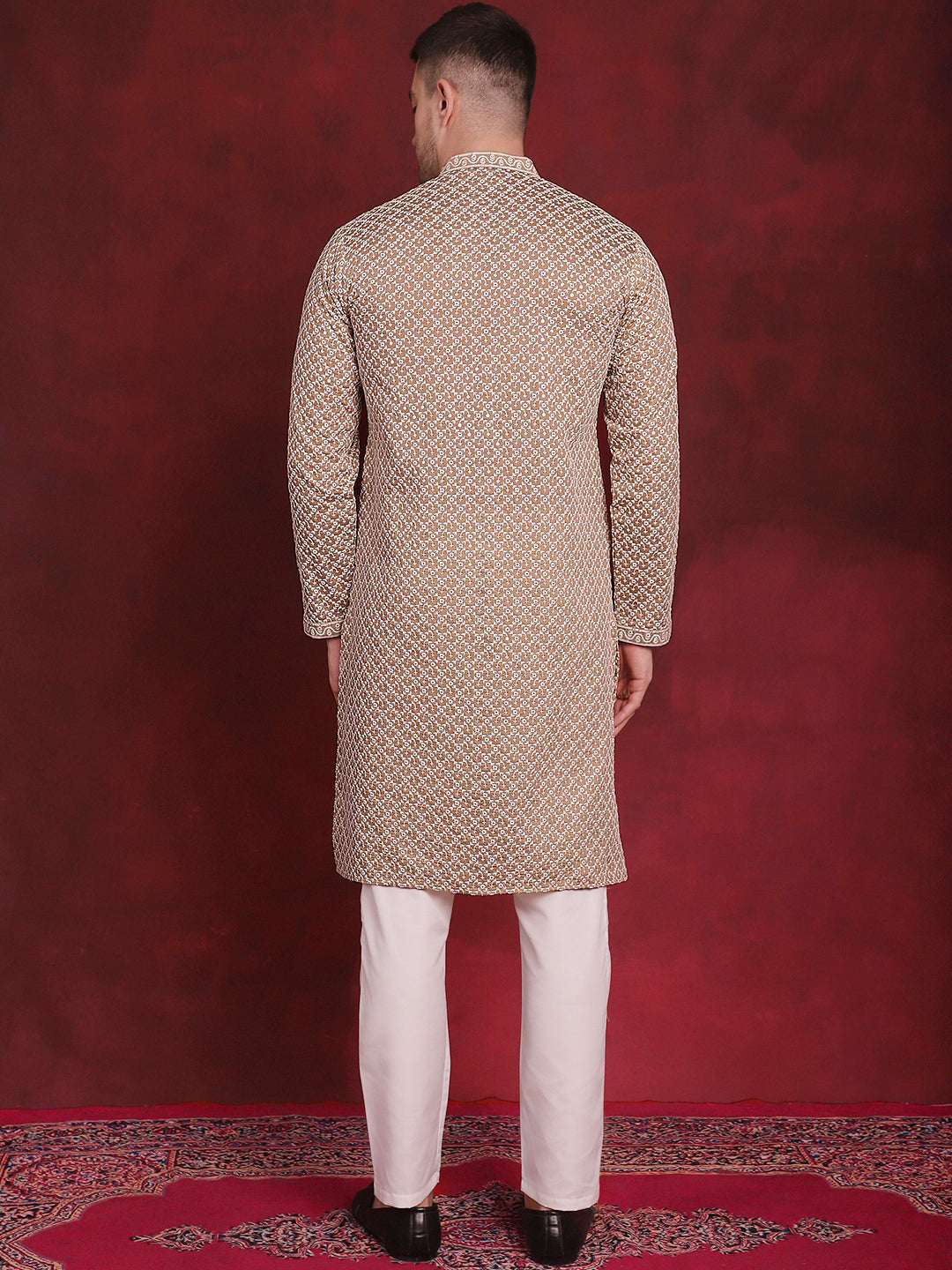 Jompers Men's Sequin Chikankari Front Open Kurta With Pyjamas - Beige | Grocsy