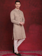Jompers Men's Sequin Chikankari Front Open Kurta With Pyjamas - Beige | Grocsy