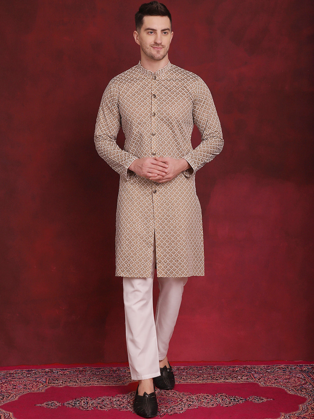 Jompers Men's Sequin Chikankari Front Open Kurta With Pyjamas - Beige | Grocsy