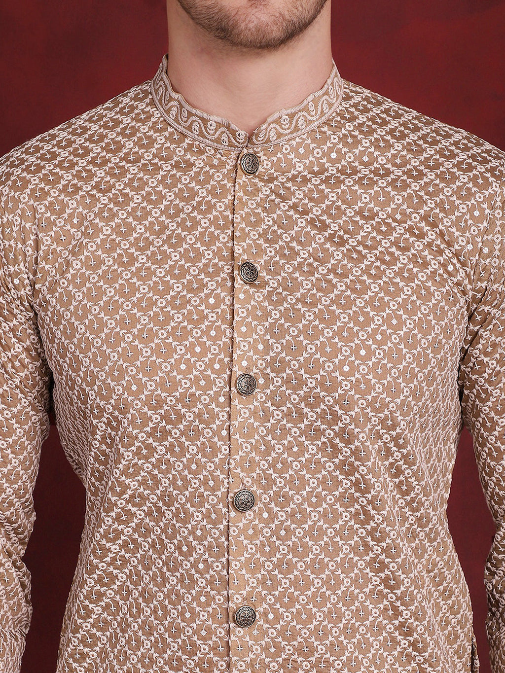 Jompers Men's Sequin Chikankari Front Open Kurta With Pyjamas - Beige | Grocsy