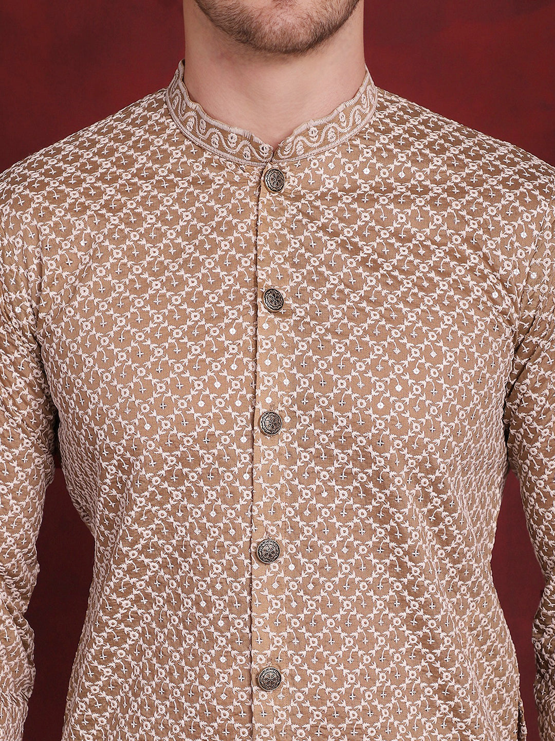 Jompers Men's Sequin Chikankari Front Open Kurta With Pyjamas - Beige | Grocsy