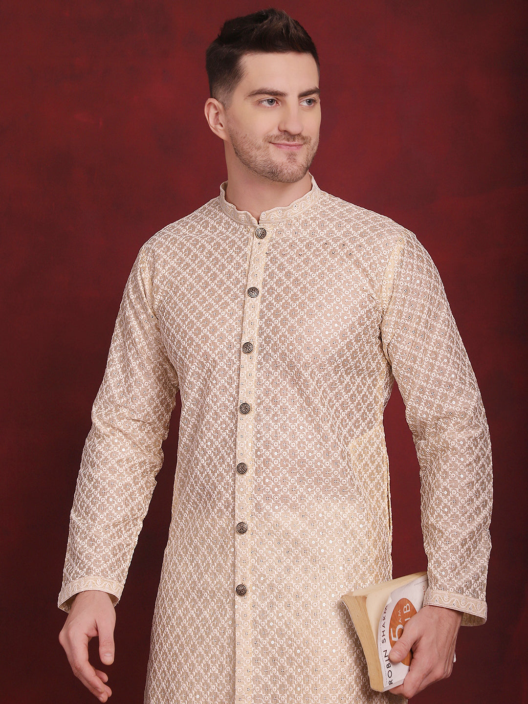 Jompers Men's Sequin Chikankari Front Open Kurta With Pyjamas - Golden | Grocsy