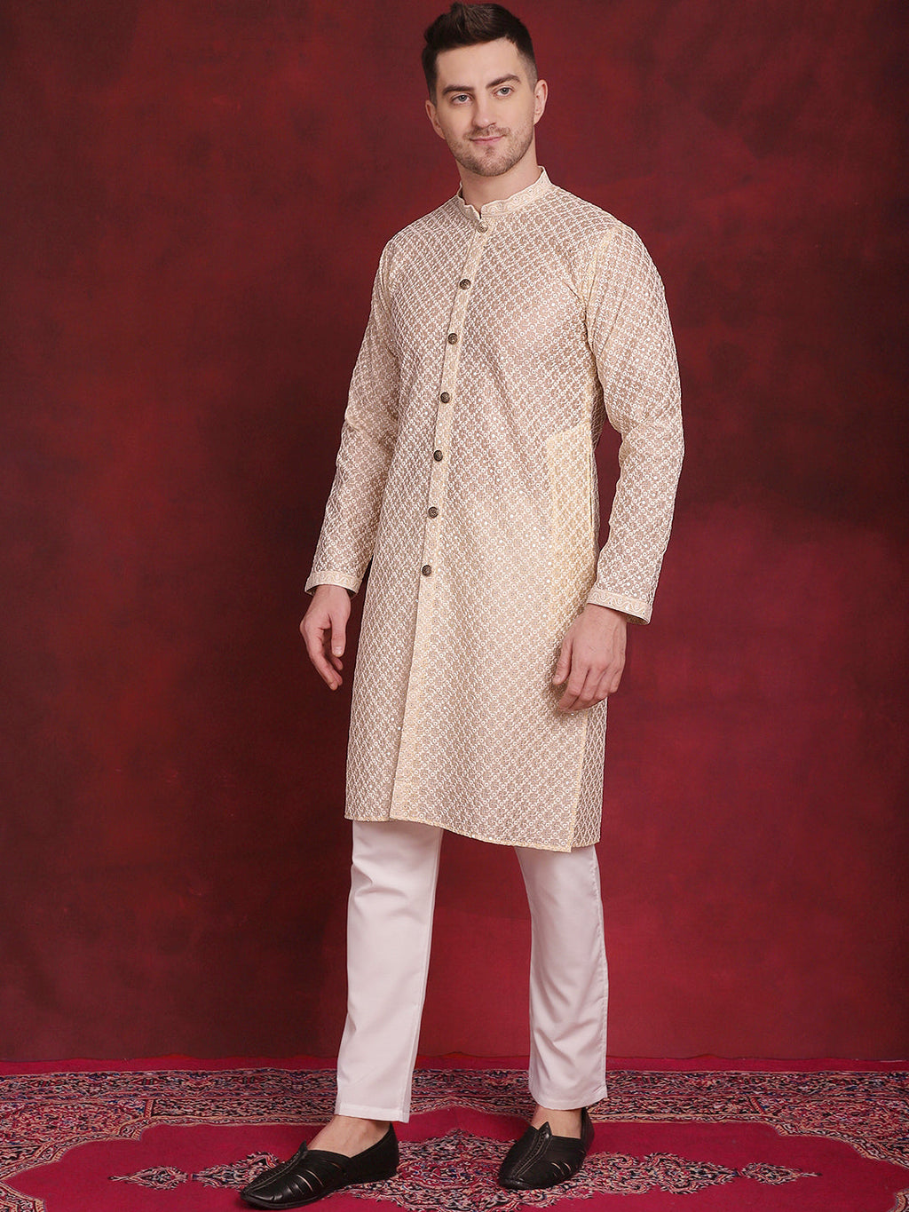 Jompers Men's Sequin Chikankari Front Open Kurta With Pyjamas - Golden | Grocsy