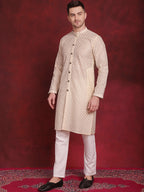 Jompers Men's Sequin Chikankari Front Open Kurta With Pyjamas - Golden | Grocsy