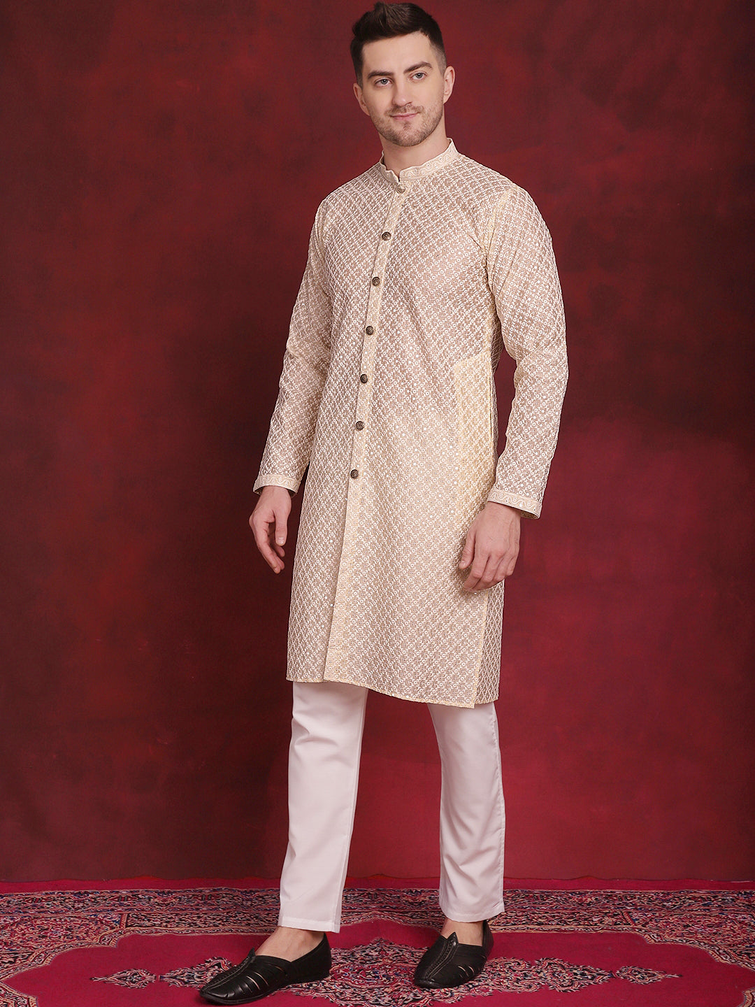 Jompers Men's Sequin Chikankari Front Open Kurta With Pyjamas - Golden | Grocsy