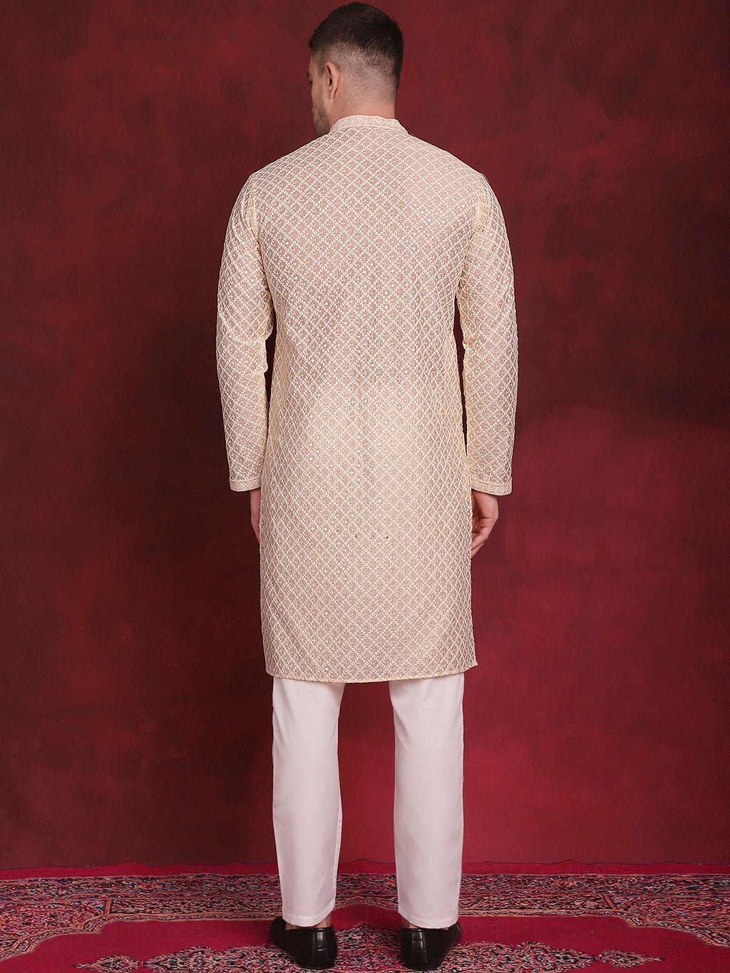 Jompers Men's Sequin Chikankari Front Open Kurta With Pyjamas - Golden | Grocsy