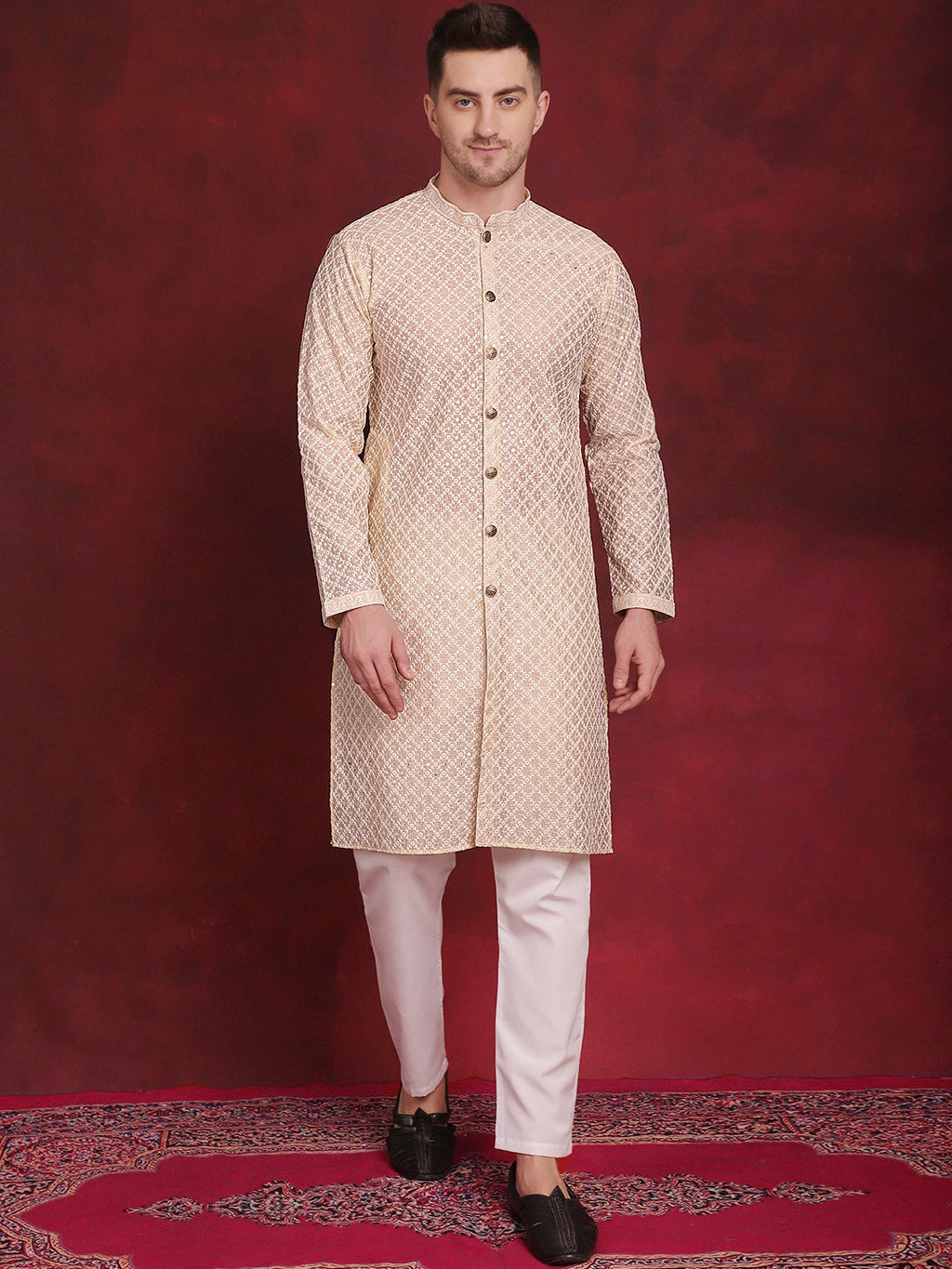 Jompers Men's Sequin Chikankari Front Open Kurta With Pyjamas - Golden | Grocsy