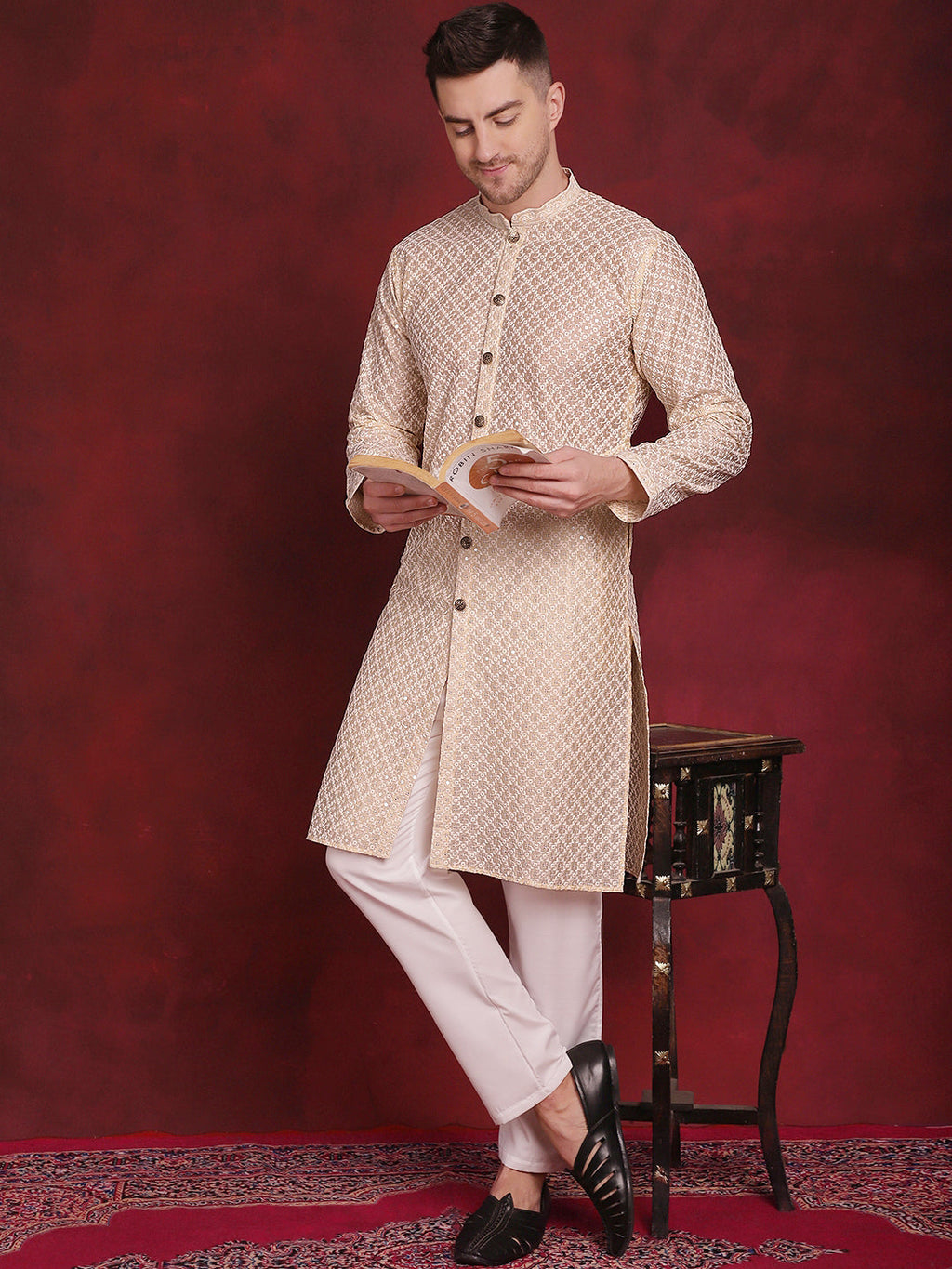 Jompers Men's Sequin Chikankari Front Open Kurta With Pyjamas - Golden | Grocsy