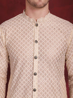 Jompers Men's Sequin Chikankari Front Open Kurta With Pyjamas - Golden | Grocsy