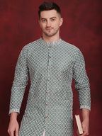 Jompers Men's Sequin Chikankari Front Open Kurta With Pyjamas - Green | Grocsy