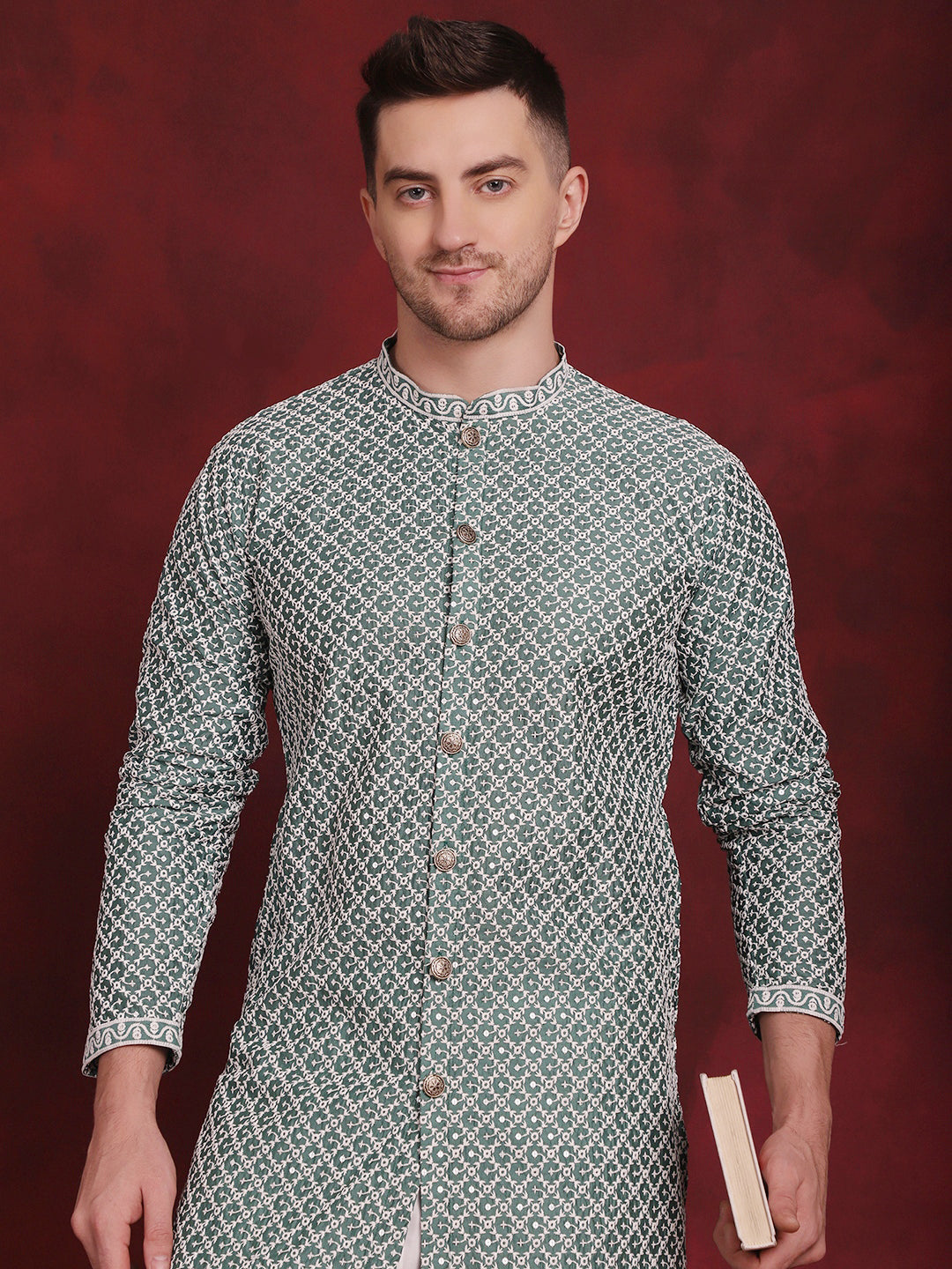 Jompers Men's Sequin Chikankari Front Open Kurta With Pyjamas - Green | Grocsy
