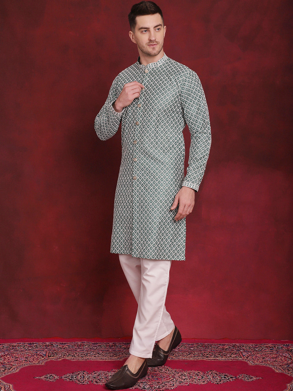 Jompers Men's Sequin Chikankari Front Open Kurta With Pyjamas - Green | Grocsy