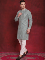 Jompers Men's Sequin Chikankari Front Open Kurta With Pyjamas - Green | Grocsy