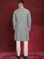 Jompers Men's Sequin Chikankari Front Open Kurta With Pyjamas - Green | Grocsy
