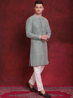 Jompers Men's Sequin Chikankari Front Open Kurta With Pyjamas - Green | Grocsy