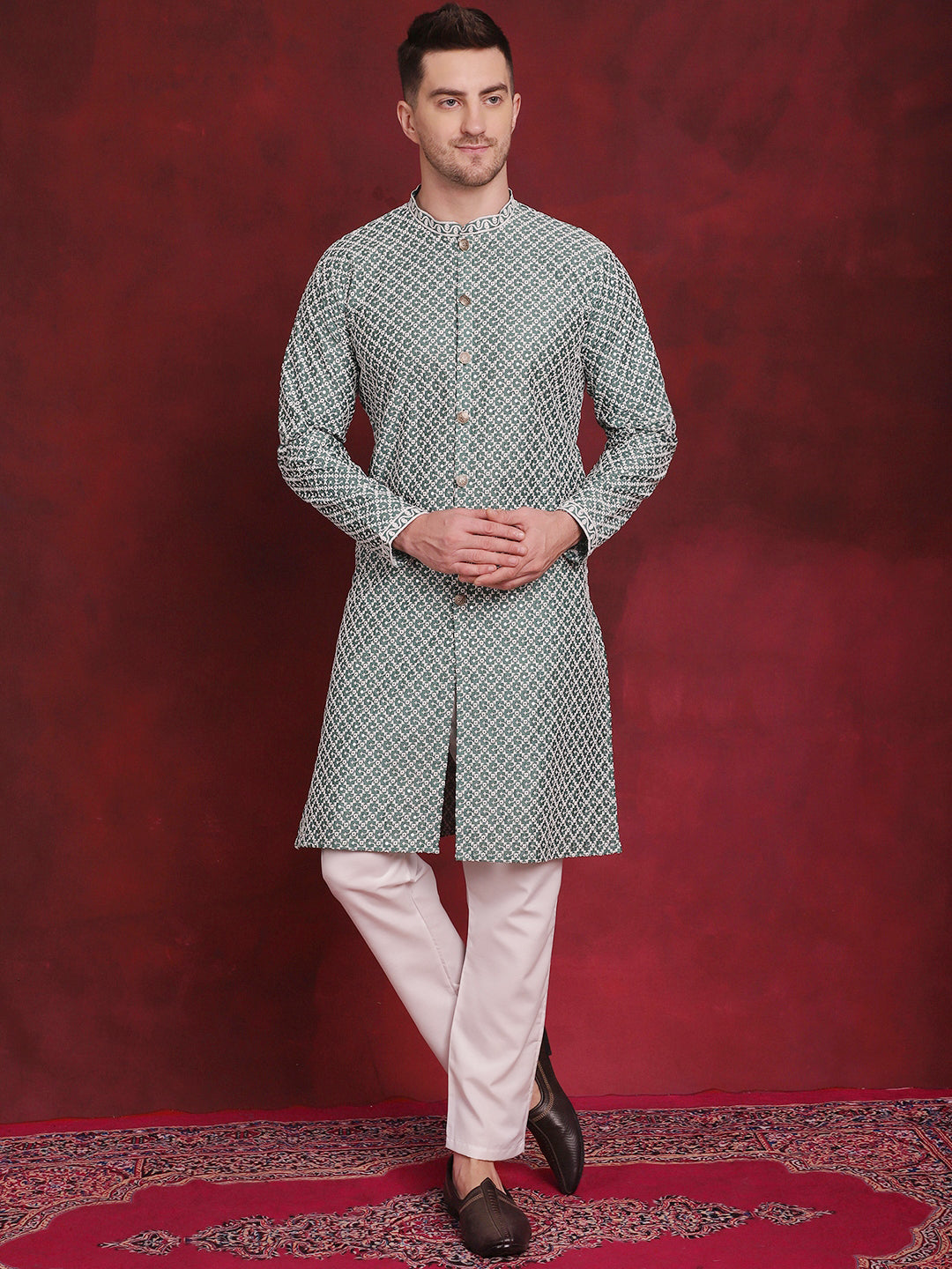 Jompers Men's Sequin Chikankari Front Open Kurta With Pyjamas - Green | Grocsy