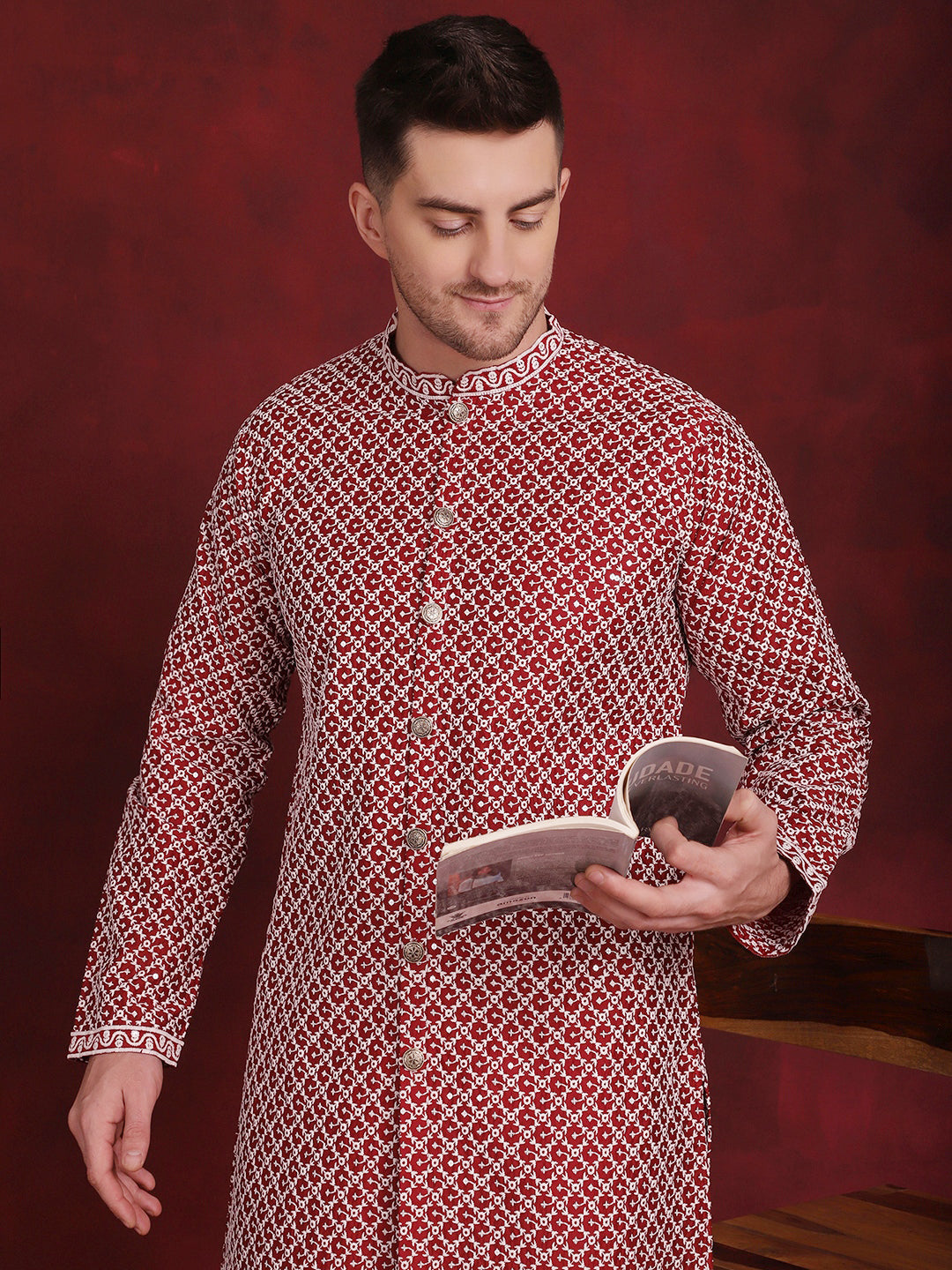 Jompers Men's Sequin Chikankari Front Open Kurta With Pyjamas - Maroon | Grocsy
