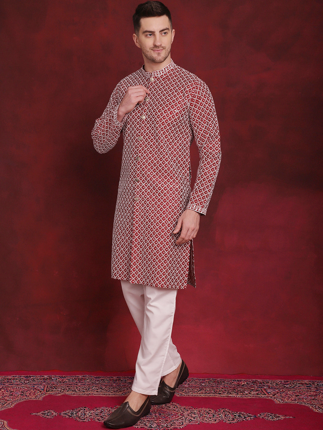 Jompers Men's Sequin Chikankari Front Open Kurta With Pyjamas - Maroon | Grocsy