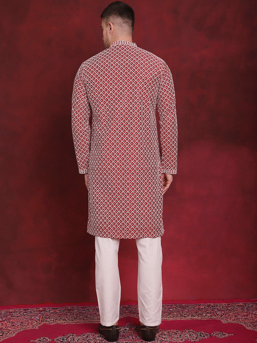 Jompers Men's Sequin Chikankari Front Open Kurta With Pyjamas - Maroon | Grocsy