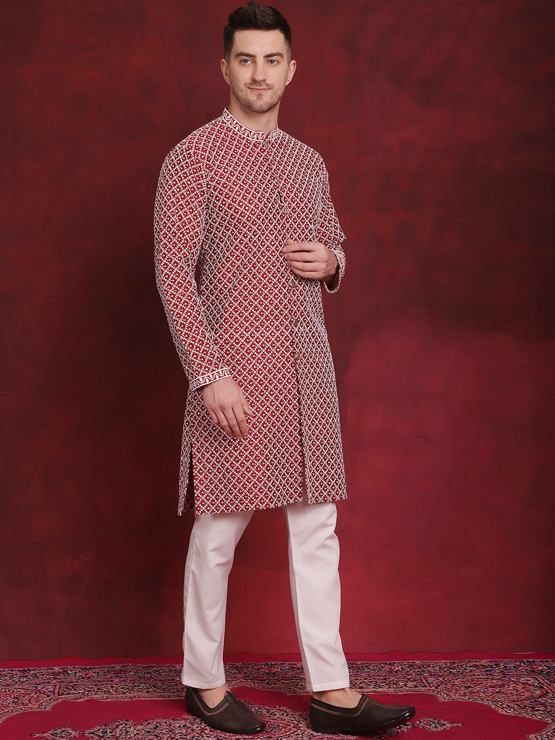 Jompers Men's Sequin Chikankari Front Open Kurta With Pyjamas - Maroon | Grocsy