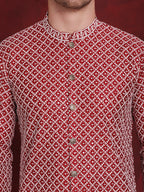 Jompers Men's Sequin Chikankari Front Open Kurta With Pyjamas - Maroon | Grocsy