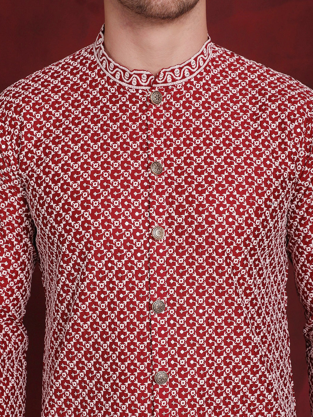 Jompers Men's Sequin Chikankari Front Open Kurta With Pyjamas - Maroon | Grocsy
