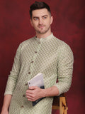 Jompers Men's Sequin Chikankari Front Open Kurta With Pyjamas - Pista | Grocsy