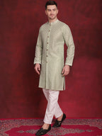 Jompers Men's Sequin Chikankari Front Open Kurta With Pyjamas - Pista | Grocsy