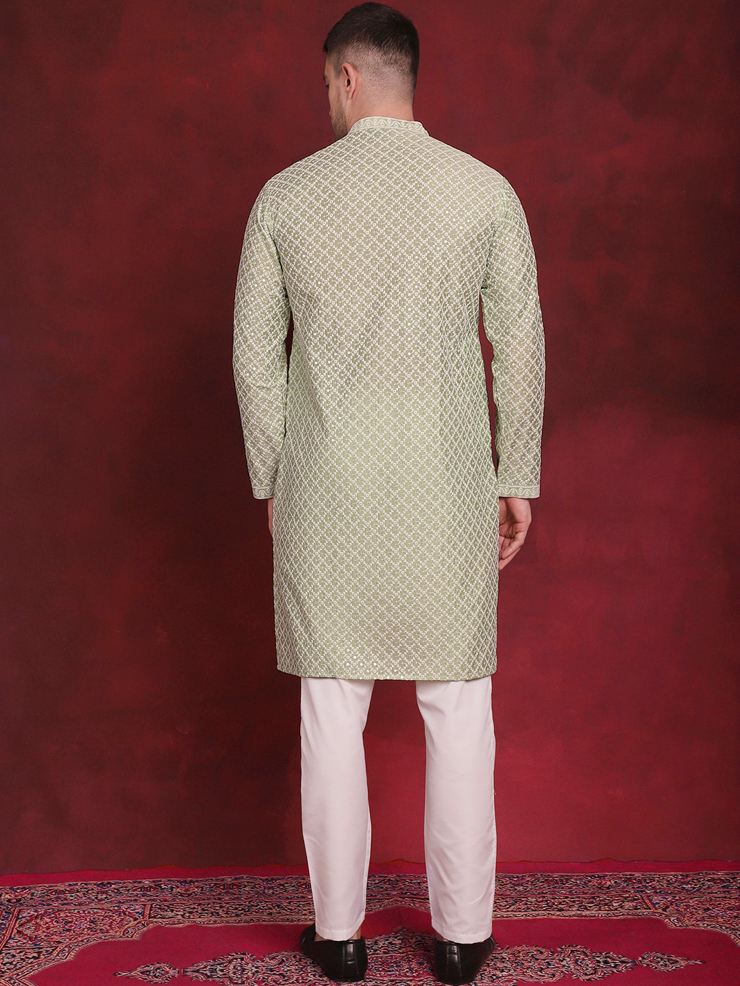 Jompers Men's Sequin Chikankari Front Open Kurta With Pyjamas - Pista | Grocsy