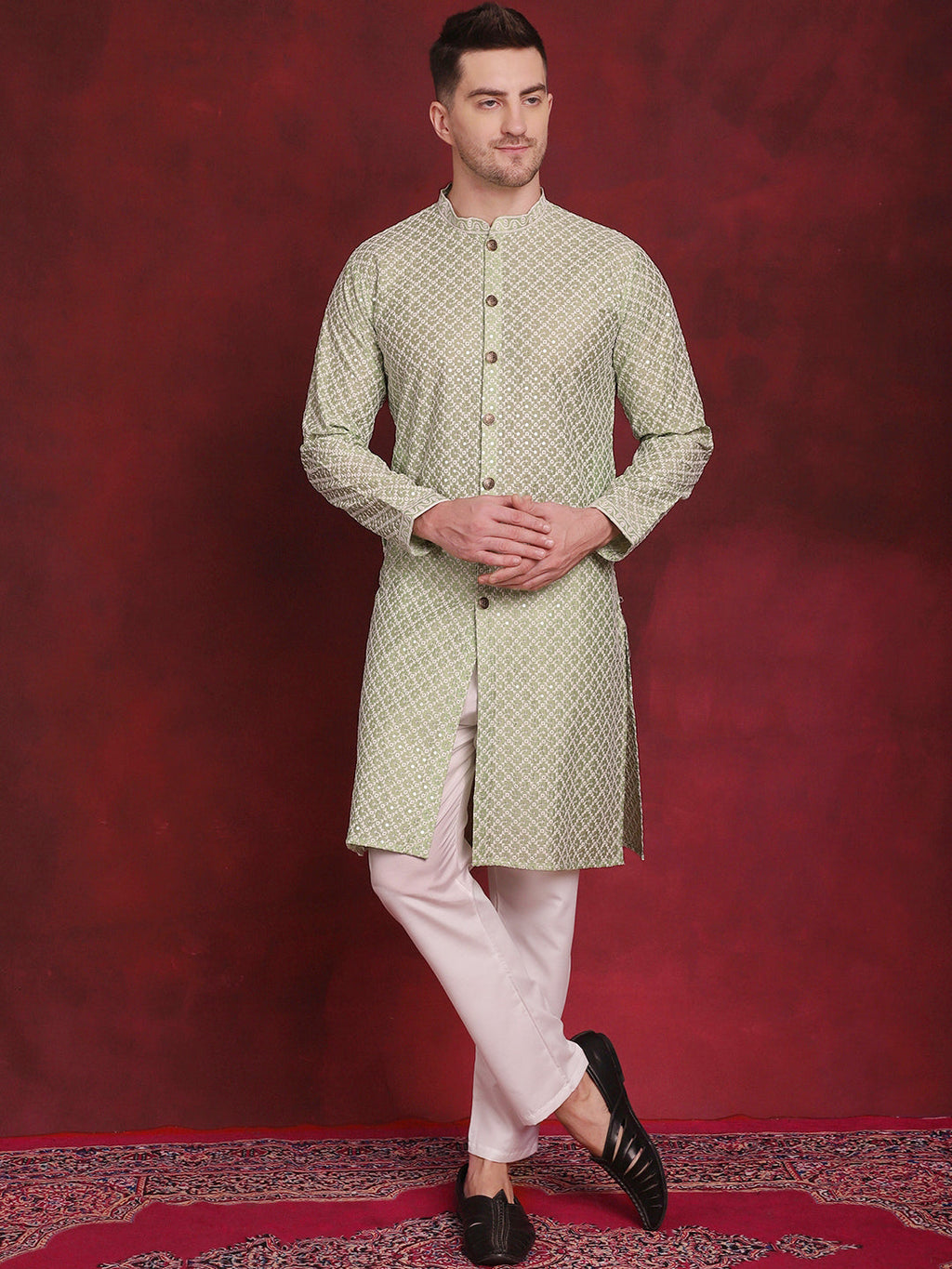 Jompers Men's Sequin Chikankari Front Open Kurta With Pyjamas - Pista | Grocsy
