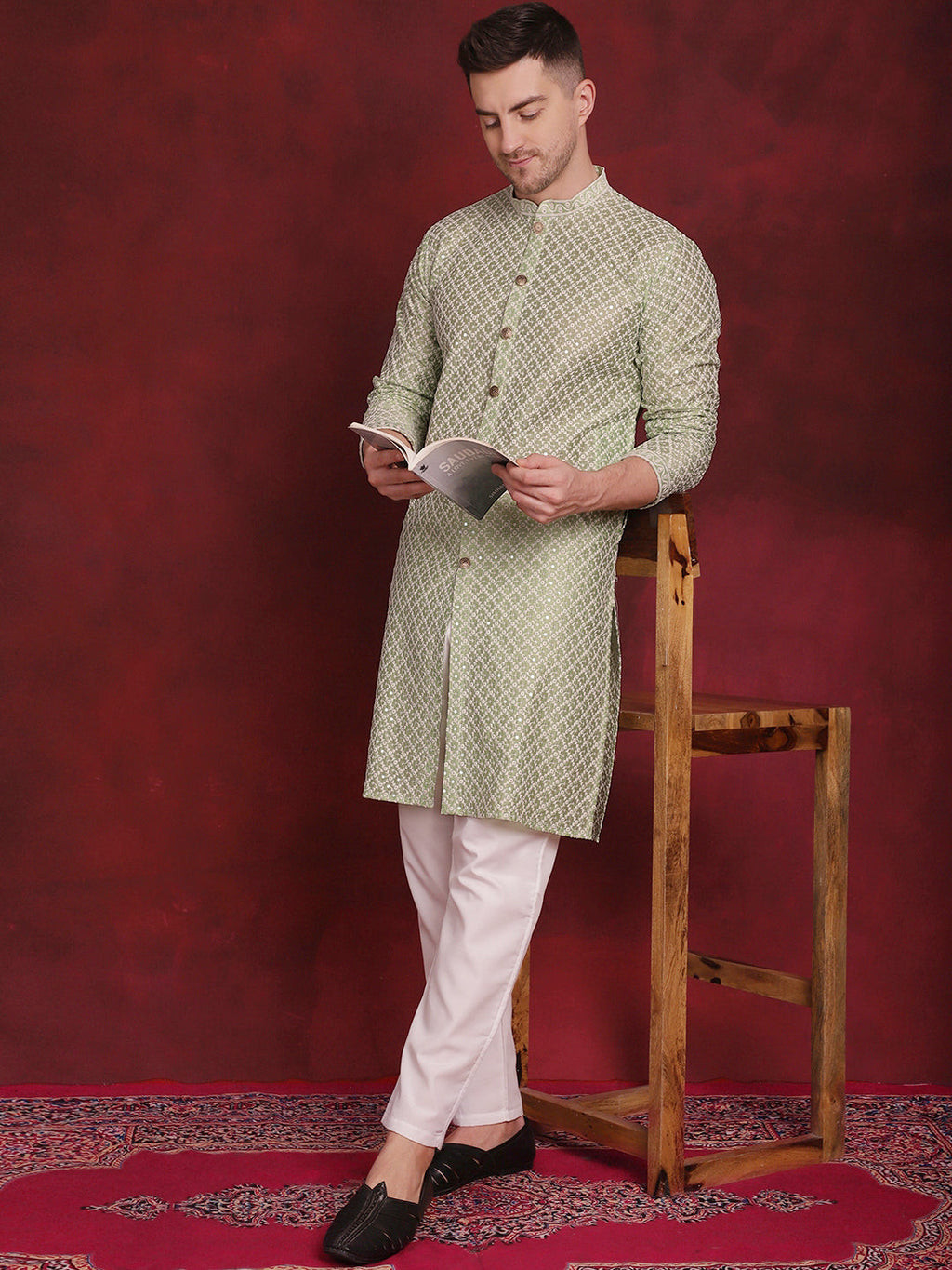 Jompers Men's Sequin Chikankari Front Open Kurta With Pyjamas - Pista | Grocsy