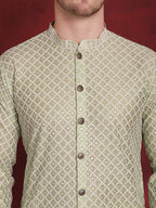 Jompers Men's Sequin Chikankari Front Open Kurta With Pyjamas - Pista | Grocsy