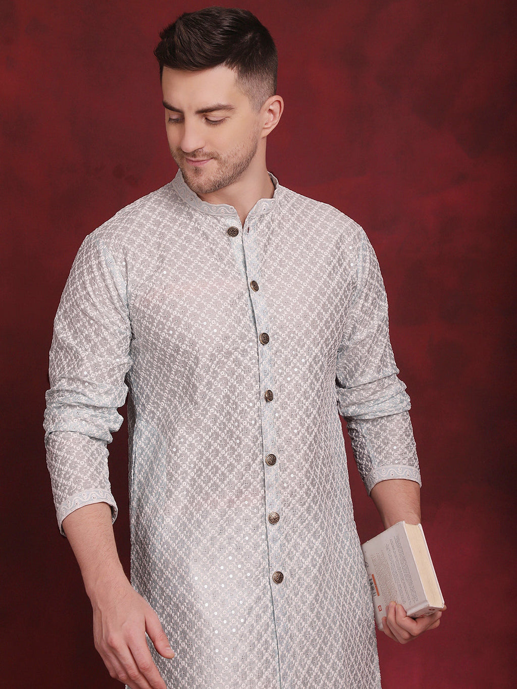 Jompers Men's Sequin Chikankari Front Open Kurta With Pyjamas - Sky Blue | Grocsy