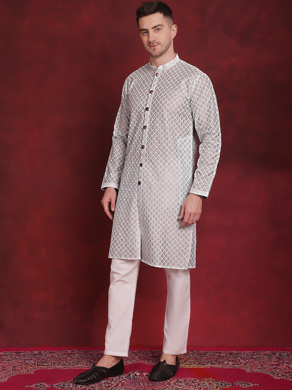 Jompers Men's Sequin Chikankari Front Open Kurta With Pyjamas - Sky Blue | Grocsy