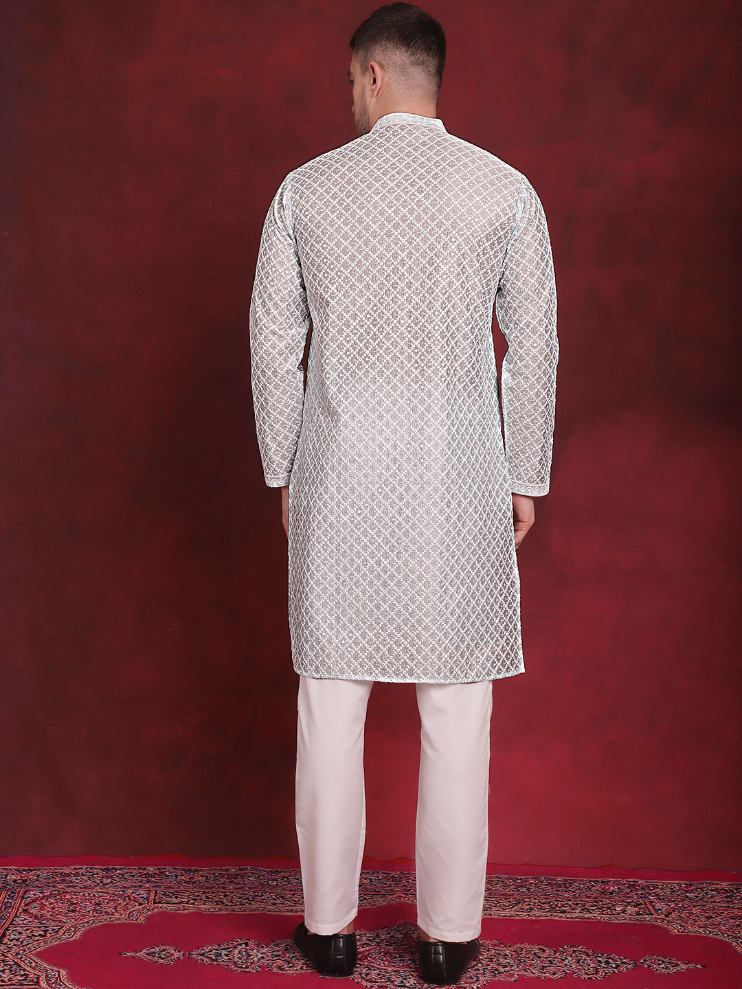 Jompers Men's Sequin Chikankari Front Open Kurta With Pyjamas - Sky Blue | Grocsy