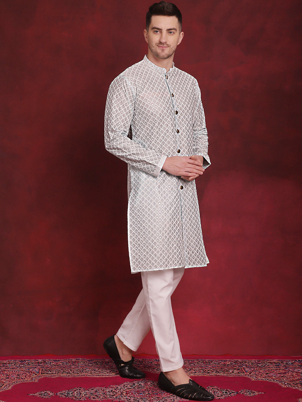 Jompers Men's Sequin Chikankari Front Open Kurta With Pyjamas - Sky Blue | Grocsy