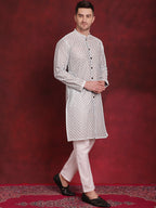 Jompers Men's Sequin Chikankari Front Open Kurta With Pyjamas - Sky Blue | Grocsy