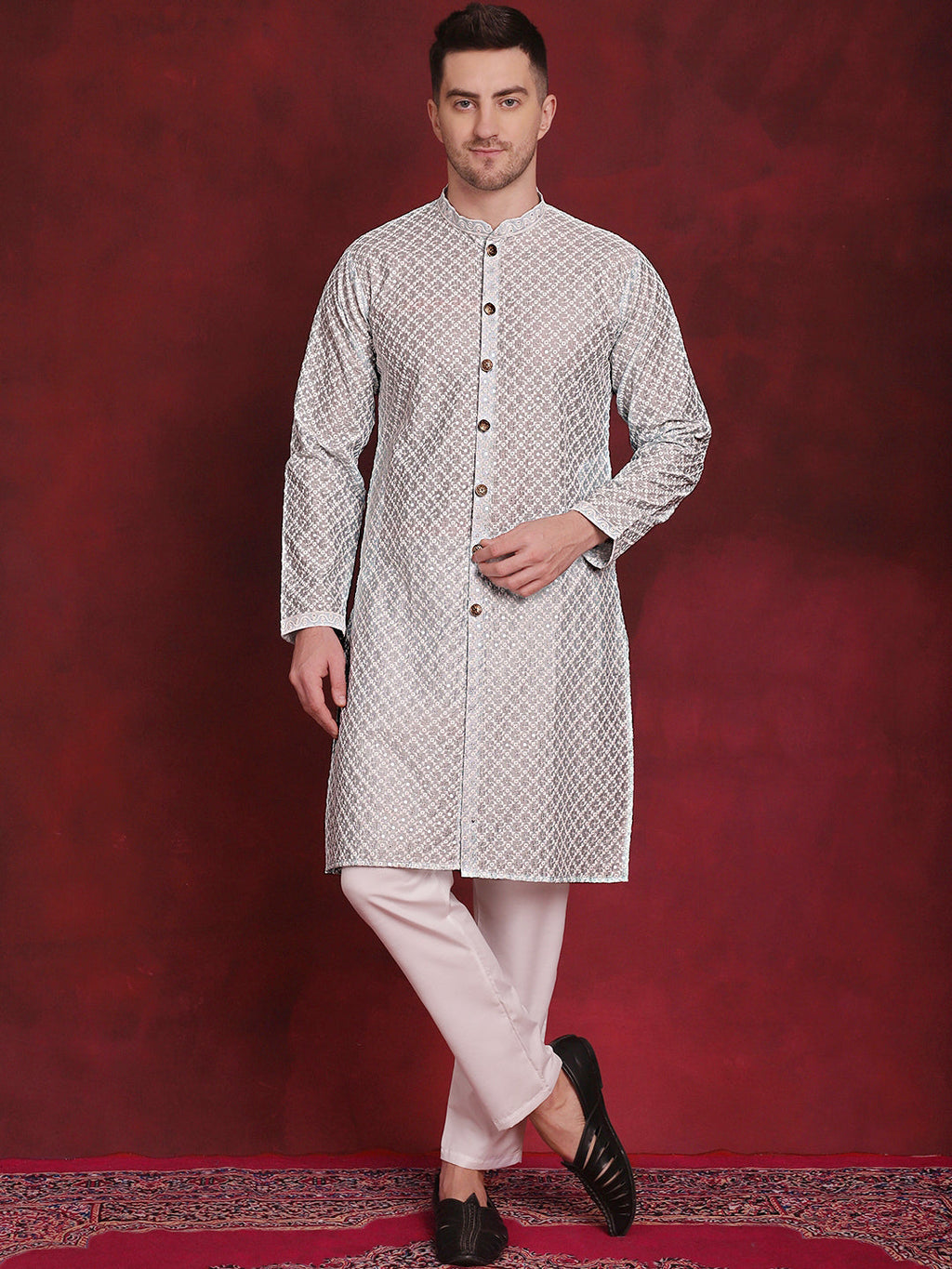 Jompers Men's Sequin Chikankari Front Open Kurta With Pyjamas - Sky Blue | Grocsy