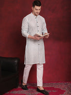 Jompers Men's Sequin Chikankari Front Open Kurta With Pyjamas - Sky Blue | Grocsy