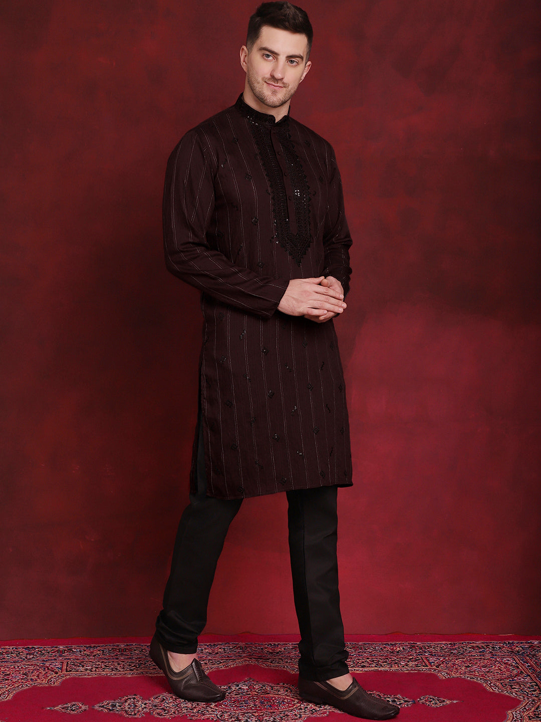 Jompers Men's Sequins Embroidered Kurta Pyjama Set - B-Maroon | Grocsy