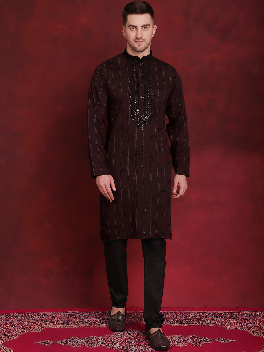 Jompers Men's Sequins Embroidered Kurta Pyjama Set - B-Maroon | Grocsy